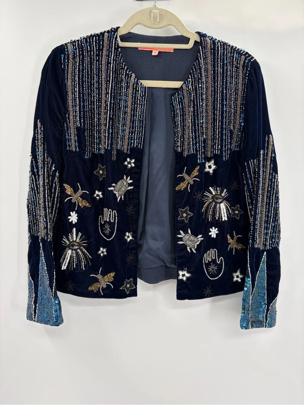 Vilagallo Anthropologie Navy Velvet Beaded Sequin Embellished Jacket Blazer US 6